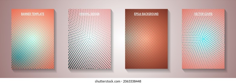 Dynamic circle faded screen tone front page templates vector collection. Geometric magazine perforated screen tone backdrops. Retro manga comics style cover page layouts. Overlay spots grid