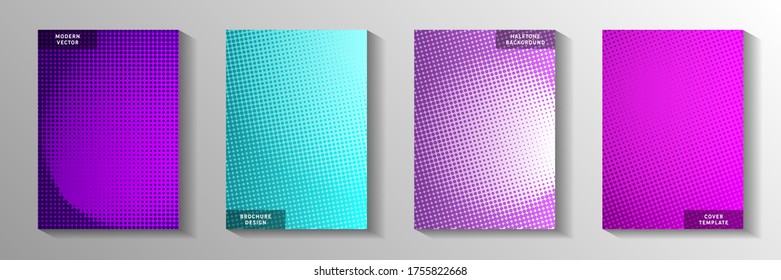 Dynamic circle perforated halftone cover templates vector series. Industrial banner faded halftone patterns. Vintage comics style title page leaflets. Linear design.