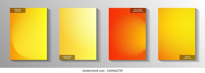 Dynamic circle perforated halftone cover page templates vector batch. Geometric flyer faded halftone backdrops. Retro cartoon comics style front page leaflets. Linear design.