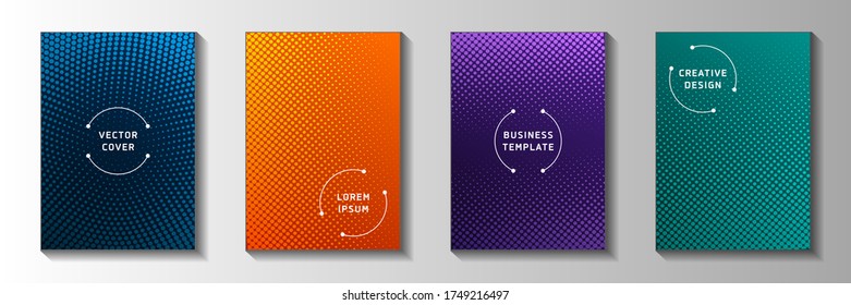 Dynamic circle screen tone gradation front page templates vector collection. Scientific banner faded screen tone backgrounds. Vintage manga comics style cover page leaflets. Gradient design.