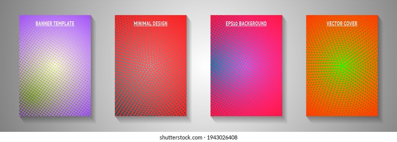 Dynamic circle screen tone gradation front page templates vector set. Medical brochure faded screen tone backdrops. Retro comics style title page leaflets. Rectangle albums.