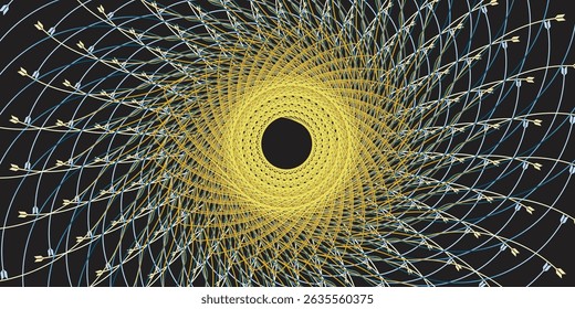 A dynamic circular abstract design featuring intertwined vibrant spirals and geometric lines against a dark background,eps10
