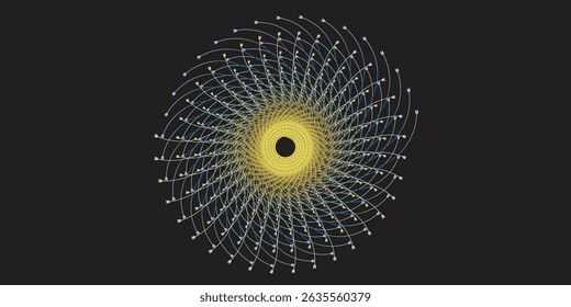 A dynamic circular abstract design featuring intertwined vibrant spirals and geometric lines against a dark background, creating a mesmerizing and artistic visual effect symbolizing energy