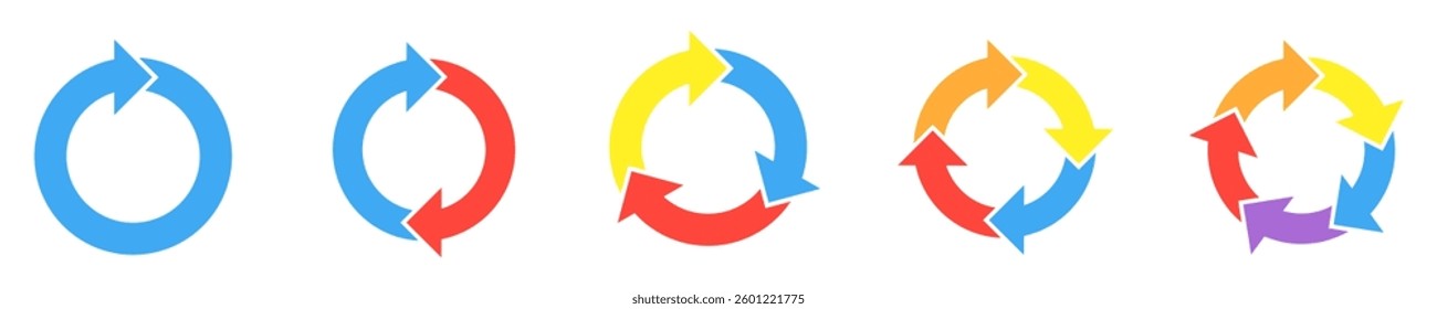 Dynamic circular arrows set, seamless cycle icons, modern reload symbols, endless loop arrows, navigation flow graphics, round direction signs, refreshing curved arrows, motion infographic elements