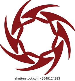 A dynamic circular design with dark red, sharp, and curved abstract shapes. Creates a tribal vortex on white.