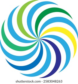A dynamic, circular design featuring radiating, colorful lines in a swirling pattern.