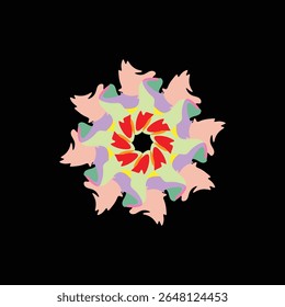 Um design circular dinâmico com formas fluidas em camadas que lembram folhas em tons pastel macios de laranja, azul e marrom.