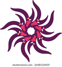 A dynamic circular design with layered purple, pink, and orange petals. Creates an abstract floral swirl on white.