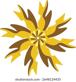 Um design circular dinâmico com camadas de formas pontiagudas amarelas e marrons. Gráfico abstrato e vibrante em branco.