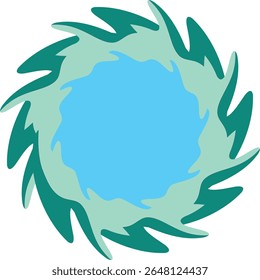 A dynamic circular design with spiky, fluid teal and blue shapes swirling around a central aqua vortex on white.