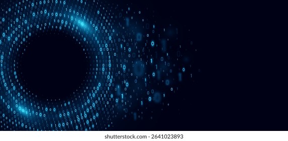 Dynamic circular flow of glowing binary code forming a digital vortex. Big data visualization in cyberspace. Technology network background. AI programming machine. Vector illustration.