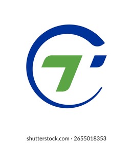 A dynamic circular logo in blue, featuring a stylized green "7" or "T" shape with a matching blue accent, suggesting movement and technology
