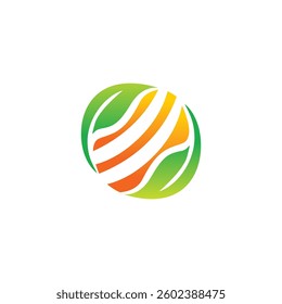 Dynamic circular logo with green, yellow, and orange gradients. Combines leaf and wave elements, symbolizing harmony, nature, and sustainability. Perfect for eco-friendly and organic brands.