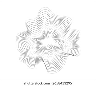 Forma de onda circular dinâmica de pontos pretos em branco. Representação abstrata de vibrações sonoras. Ideal para gráficos de música modernos