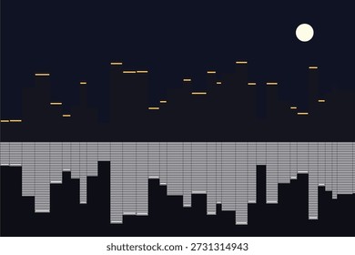 A dynamic city skyline at night, its bright lights creating a beautiful reflection on the dark water, showcasing urban energy and modern life.