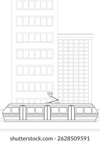 Uma paisagem urbana dinâmica com um edifício moderno ao lado de um elétrico em movimento, capturando a essência da vida urbana e do transporte público.