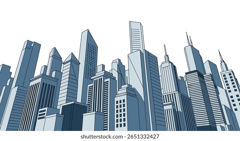 Dynamic cityscape of modern skyscrapers viewed from below under a bright sky