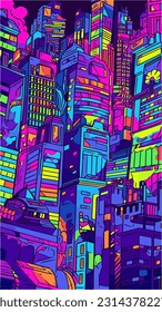 Dynamic cityscape transformed into a vibrant pop art extravaganza