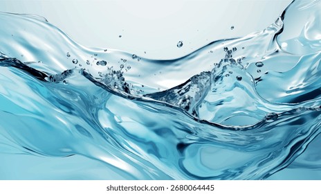 Primer plano dinámico de agua azul clara salpicando con energía, mostrando el movimiento fluido y la transparencia sobre un fondo claro