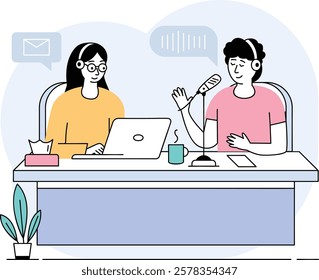 Dynamic collaborative podcasting concept, Morning Podcast with Coffee vector design, Podcast or slice-of-life journalism scene, Web television series banner, vodcast audio blogging stock illustration