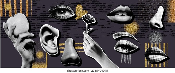 Un collage dinámico de elementos de media tonalidad de pancarta gris como labios, ojos, nariz y oídos enriquecidos con doodles extravagantes, rayas doradas y plateadas sobre un fondo oscuro