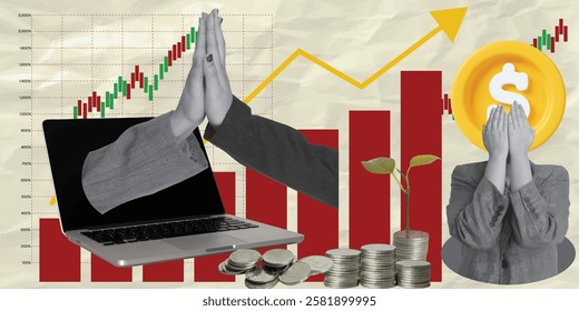 A dynamic collage illustrating hands in a prayer pose with a laptop and ascending growth charts, symbolizing financial success and investment strategies.