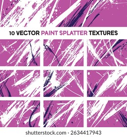 Dynamic collection of 10 vector paint splatter textures. Features energetic black and white splashes on a vibrant pink background. Ideal for modern abstract backgrounds, and grunge effects.