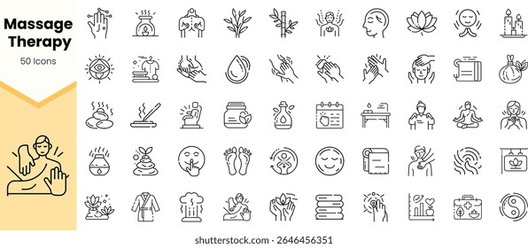 A dynamic collection of 50 icons representing massage therapy, showcasing various elements like relaxation, nature, and wellness in minimalistic line art style.