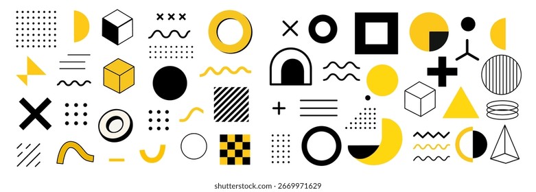 A dynamic collection of abstract geometric shapes and patterns arranged in a clean grid layout. Ideal for modern design projects, branding, packaging, posters, web design, and educational materials.