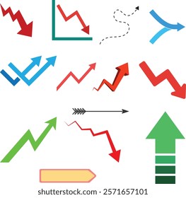 A dynamic collection of arrows and charts in vibrant colors, ideal for infographics and data presentation