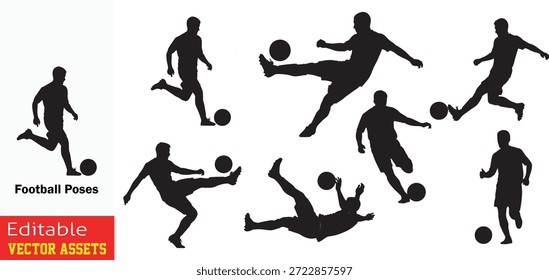 Colección dinámica de las siluetas de los jugadores de fútbol atlético involucrados en varias acciones dinámicas y plantea Ilustración vectorial

Esta Imagen profesional presenta una colección completa de distintas siluetas negras de jugadores de fútbol capturadas en varias poses dinámicas sobre un fondo transparente aislado. Cada silueta ilustra la intensa acción y el atletismo inherentes al deporte del fútbol, retratando a los atletas masculinos en plena acción a través de una gama de movimientos cruciales para el juego. El conjunto incluye figuras en movimientos clásicos de patadas con las piernas extendidas para golpear la pelota y una silueta impresionante que realiza una patada de bicicleta en el aire con una agilidad perfecta. Varias otras figuras son representadas regateando la pelota con posturas concentradas sugiriendo enfoque y control, mientras que otras se muestran saltando para cabecear la pelota o alcanzar un pase alto con las extremidades extendidas para el equilibrio. Estas composiciones van desde movimientos explosivos poderosos hasta acciones más controladas como pasar y defender, creando una sensación de movimiento y energía que sugiere el flujo y reflujo de un partido de fútbol real. El estilo gráfico minimalista se basa únicamente en los contornos afilados de la forma humana y la forma esférica del balón, lo que hace que estas figuras sean altamente versátiles para fines de Diseño gráfico, como carteles de torneos de marca deportiva y ropa deportiva.

Las características clave incluyen
El rango dinámico de movimiento muestra diversos movimientos de fútbol, incluyendo patadas de bicicleta, golpes potentes, regates y posturas defensivas.

Estilo minimalista de alto contraste Utiliza siluetas negras limpias sobre un fondo transparente para garantizar que el enfoque permanezca en la forma atlética y la acción.

Elementos de diseño versátiles Perfecto para logotipos de clubes deportivos, marca de eventos de estadio, materiales de academia de fútbol e infografías de salud o fitness.

Profesional Vector editable Proporcionado como archivos de Vector totalmente escalables que se pueden cambiar de tamaño o personalizar fácilmente mientras se mantienen los bordes afilados y detalles de alta calidad.