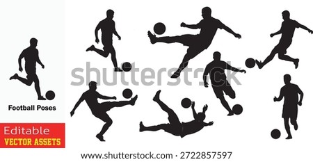 Dynamic Collection of Athletic Soccer Player Silhouettes Engaged in Various Dynamic Actions and Poses Vector Illustration

This professional image features a comprehensive collection of distinct black silhouettes of soccer players captured in various dynamic poses on an isolated transparent background. Each silhouette illustrates the intense action and athleticism inherent in the sport of football portraying male athletes in mid-action across a range of movements crucial to the game. The set includes figures in classic kicking motions with legs extended to strike the ball and an impressive silhouette performing a mid-air bicycle kick with perfect agility. Several other figures are depicted dribbling the ball with concentrated stances suggesting focus and control while others are shown jumping to head the ball or reach a high pass with limbs spread for balance. These compositions range from powerful explosive movements to more controlled actions like passing and defending creating a sense of movement and energy that suggests the ebb and flow of a real soccer match. The minimalist graphic style relies solely on the sharp outlines of the human form and the spherical shape of the ball making these figures highly versatile for graphic design purposes such as sports branding tournament posters and athletic apparel.

Key Features include
Dynamic Range of Motion Showcases diverse soccer movements including bicycle kicks powerful strikes dribbling and defensive stances.

Minimalist High Contrast Style Uses clean black silhouettes against a transparent background to ensure the focus remains on the athletic form and action.

Versatile Design Assets Perfect for sports club logos stadium event branding football academy materials and health or fitness infographics.

Professional Editable Vector Provided as fully scalable vector files that can be resized or customized easily while maintaining sharp edges and high quality detail.