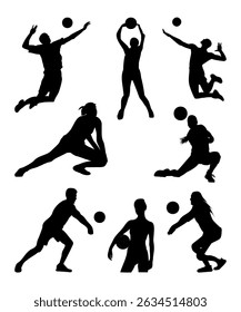 A dynamic collection of black silhouettes depicting various volleyball players in action. The set showcases different poses and movements 