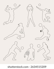 A dynamic collection of black silhouettes depicting various volleyball players in action. The set showcases different poses and movements