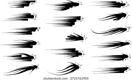 Dynamic collection of black speed lines and motion trails on transparent background. Action effect elements for comic books and manga design. Fast movement symbols with impact points for sports graphics. Various shapes of trail effects for energetic layouts and high velocity visual storytelling.