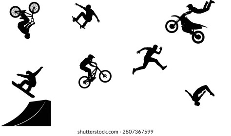 A dynamic collection of black vector silhouettes showcasing various extreme sports and adrenaline stunts like motocross, skateboarding, bmx, snowboarding, and parkour. This clean icon set is perfect for action sports branding, athletic event posters, and urban lifestyle design layouts.