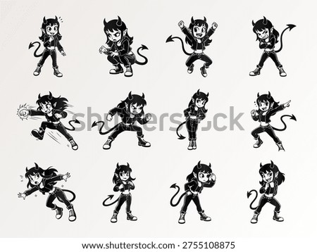 Dynamic collection of black and white cartoon devil girl character illustrations showcasing various emotions and actions, perfect for animation, branding, and playful designs.