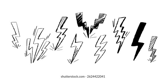 A dynamic collection of black and white thunder bolts, sketched in a bold, expressive style. Perfect for stormy designs, weather infographics, or energetic graphic elements