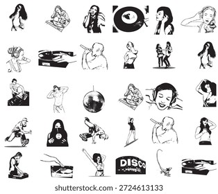 A dynamic collection of black and white vector illustrations representing music and dance culture