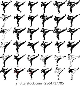 A dynamic collection of black-and-white martial arts silhouettes featuring individuals performing high karate kicks. Ideal for sports design, training materials, and vector art projects.