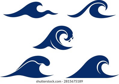 A dynamic collection of blue ocean wave icons depicts various swirling water movements and rhythmic tide patterns suitable for marine design projects seeking to capture the power of liquid.   