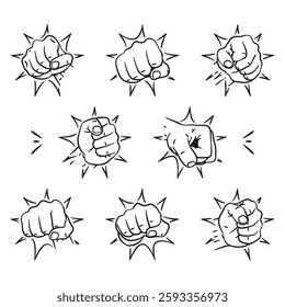 A dynamic collection of clenched fist illustrations in punching poses, crafted in a minimalist black and white line art style.