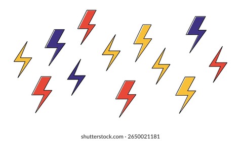 A dynamic collection of colorful lightning bolts scattered across a white background symbolizing energy power and speed in a vibrant artistic display