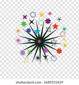 "Dynamic collection of colorful star vectors with radiant glows in EPS format: featuring sharp, symmetrical points and luminous halos. Fully editable and scalable, perfect for logos, icons, and design