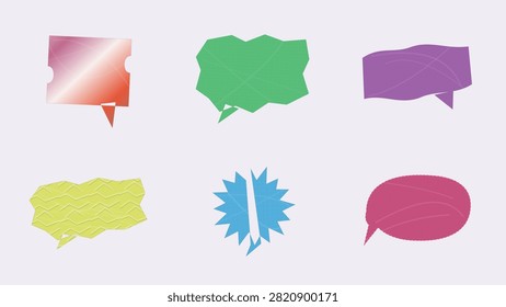 A dynamic collection of colorful, textured speech bubbles featuring spiky bursts, jagged edges, gradient notched frames, wavy boxes, and classic oval callouts. Perfect for comic books, social media graphics, chat app UI UX, promotional banners, stickers, and quote frames.

#SpeechBubbles #VectorDesign #GraphicAssets #ComicCallouts #DialogueBoxes #ChatUI #CreativeGraphics #DesignElements #VectorGraphics #Illustration