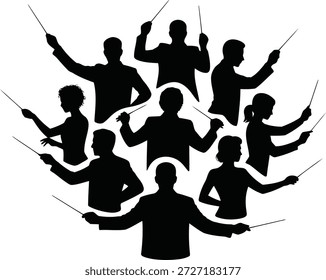 Una colección dinámica de siluetas de director, mostrando varias poses con porras, representando la dirección orquestal y la música