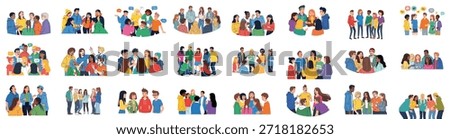 Dynamic collection of diverse youth socializing, communicating, and networking in various groups, illustrating friendship and modern community interaction.