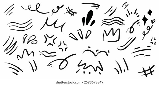 Dynamic collection of doodle line movement elements featuring abstract lines, swirls, and sketch strokes. Perfect for creating energetic backgrounds, illustrations, and comic effects.