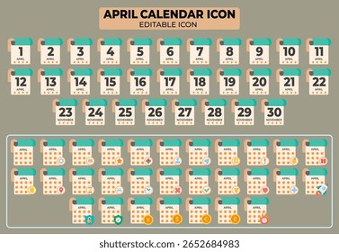 Coleção dinâmica de ícones editáveis do calendário de abril para atividades de agendamento e planejamento