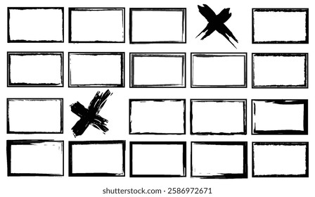 Dynamic collection featuring grunge rectangular borders and cross marks, perfect for adding an edgy, hand-drawn feel to various design projects and visual narratives